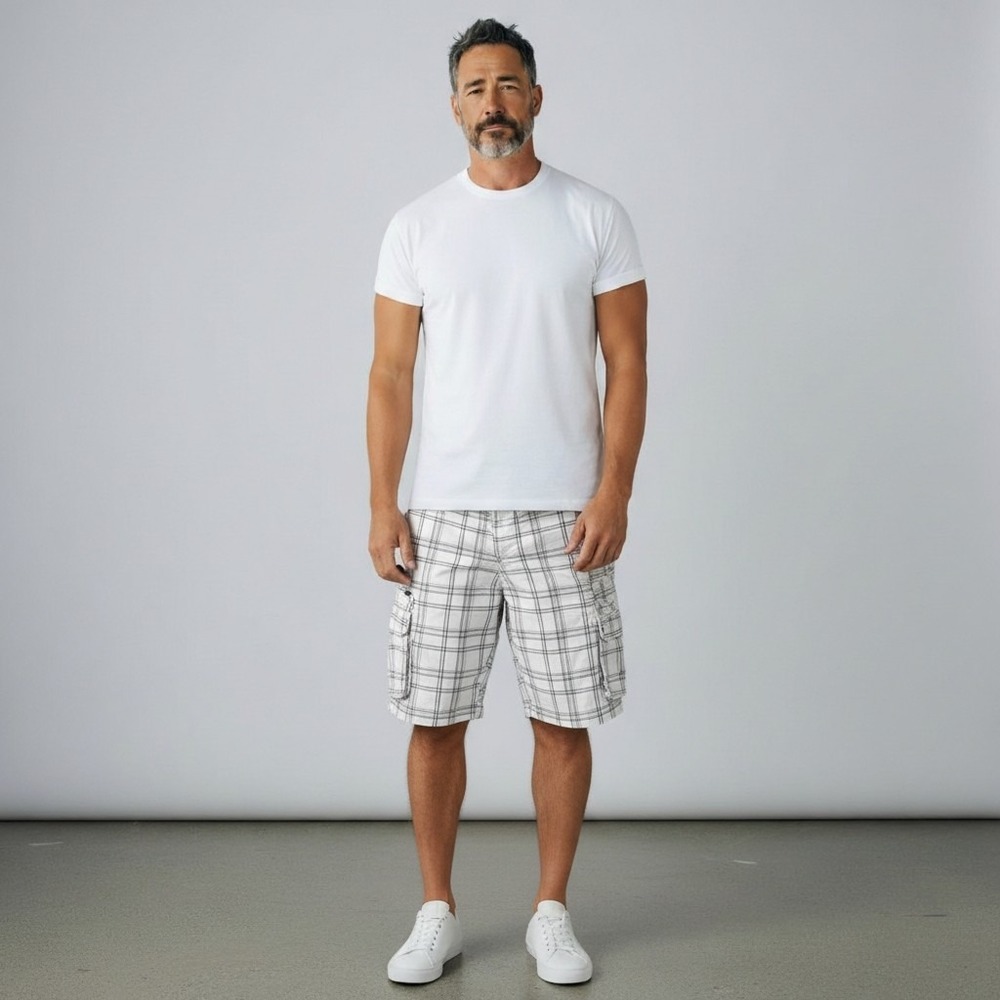 Faded‎ Glory Men's White Black Plaid Stacked Cargo 5 Leg Pockets Cotton Size 46